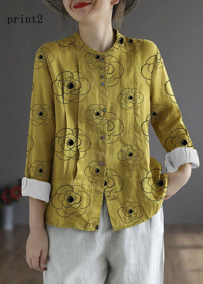 Blusa elegante de lino con botones y manga larga para mujer, color amarillo y floral, 2 unidades
