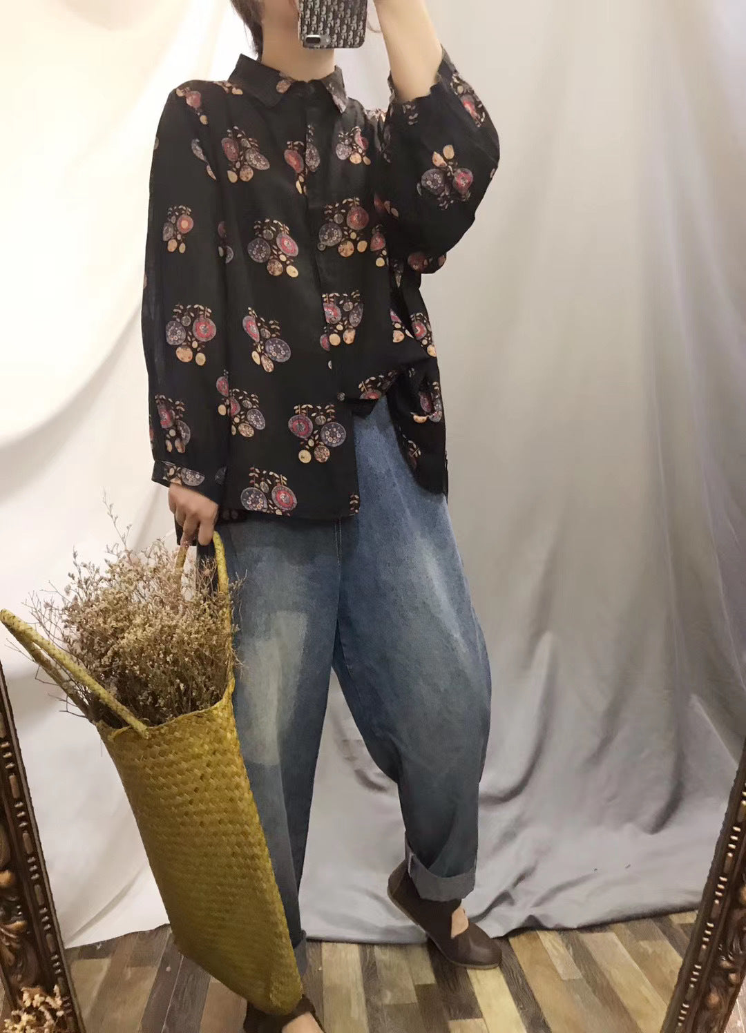 Kunst grau Geometrie Tunika Muster Revers Baggy Herbst Top