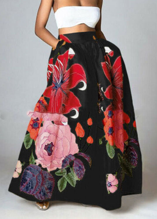Bohemian Black-Crane Hohe Taille Taschen Blumendruck Baumwolle A-Linie Rock Sommer