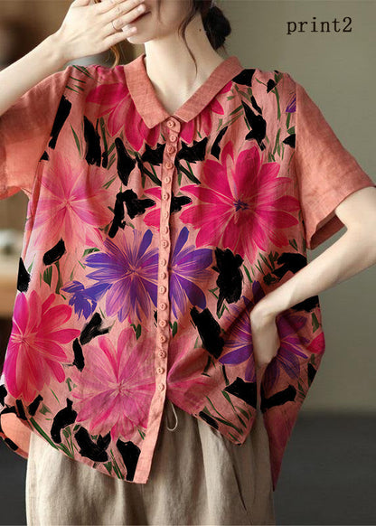 Plus Size Print2 Peter Pan Kragen Taschen Patchwork Ramie Cardigan