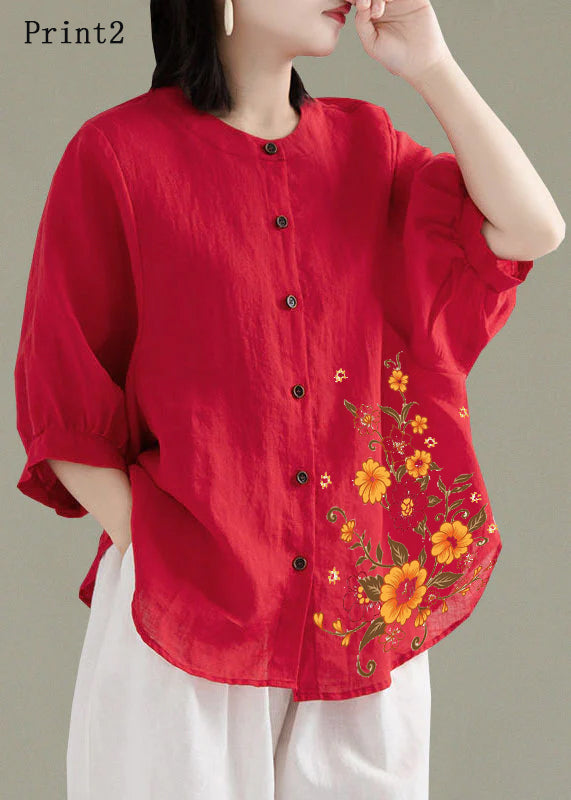 Art Green O-Neck Button Linen Loose Shirt Top Lantern Sleeve