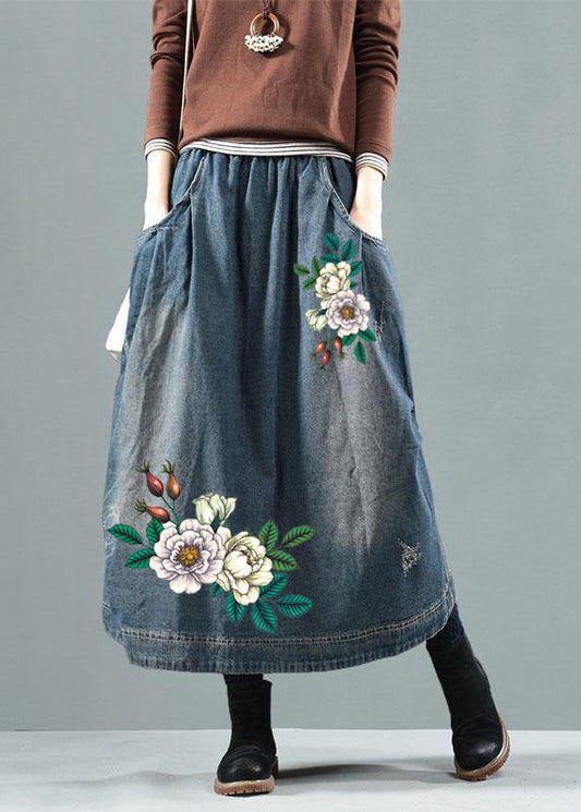 Blau-weiße Blume Taschen Retro Patchwork Sommer Röcke Denim