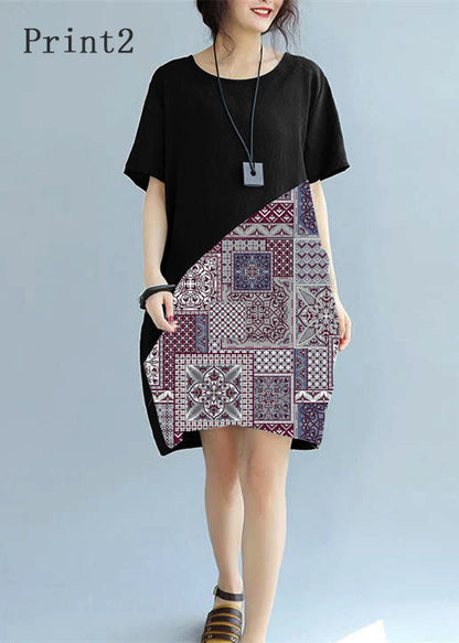 feines schwarzes Patchwork-Leinen-Etuikleid Locker sitzendes Baumwollkleid Elegante kurzärmelige Kniekleider mit Wildprint
