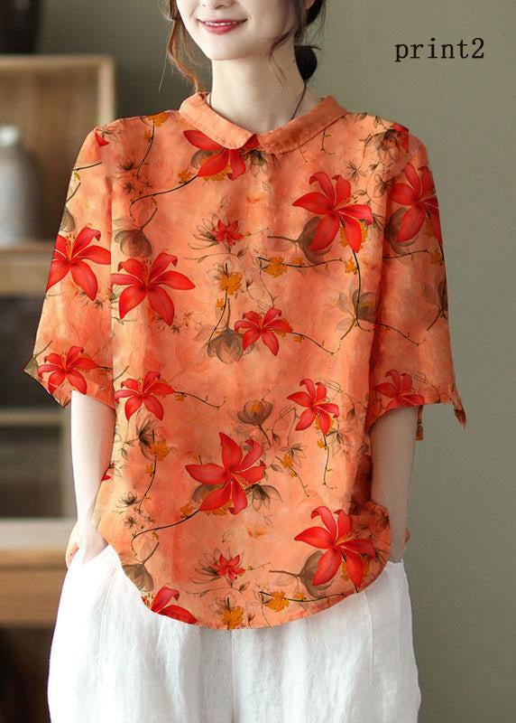 DIY Orange Print4 Ramie Halbarm Shirt Sommer