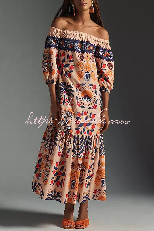 Island Print Off-Shoulder Flowy Midi Dress