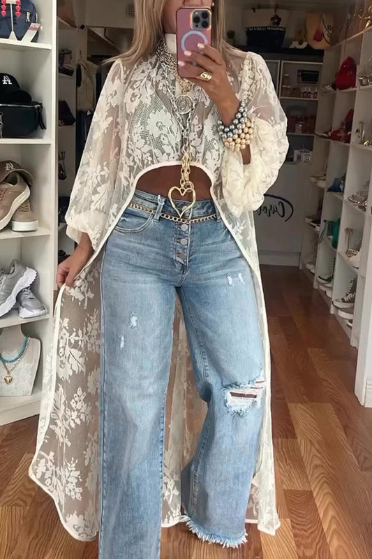 Lace Pattern Mock Neck Balloon Sleeve High Low Maxi Top