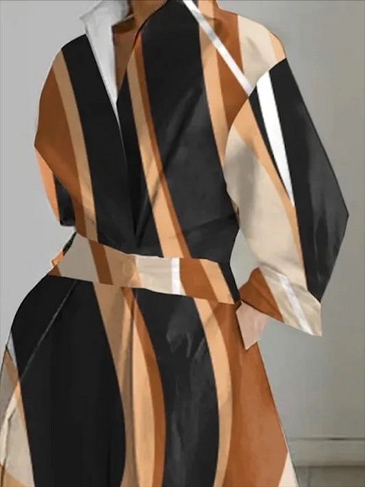 2024 Schwarze und braune Linien Peter Pan Kragen Taschen Baumwollkleid Langarm