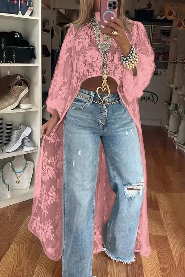 Lace Pattern Mock Neck Balloon Sleeve High Low Maxi Top