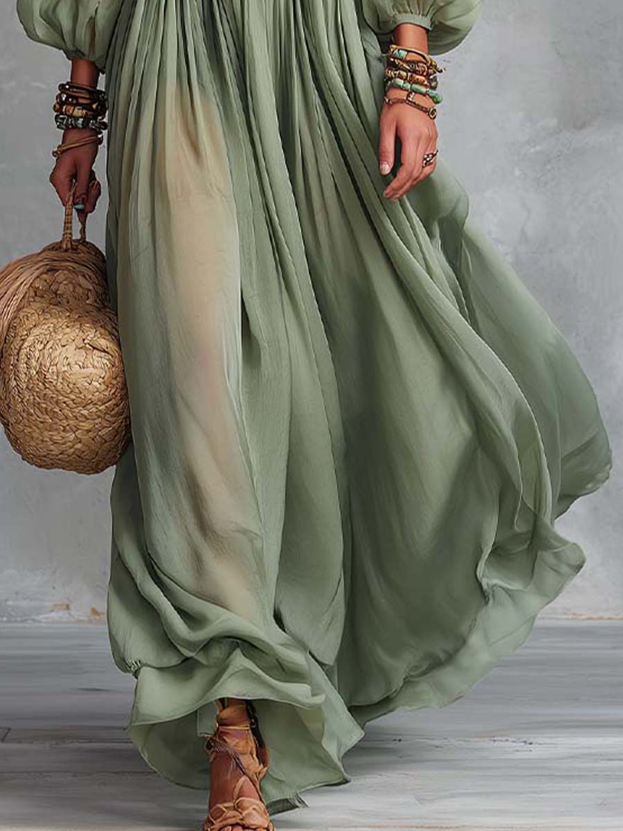 Boho-Vintage Elegant Embroidered Chiffon Maxi Dress