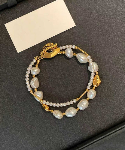 Stylish Gold Copper Overgild Pearl Double Layer Charm Bracelet