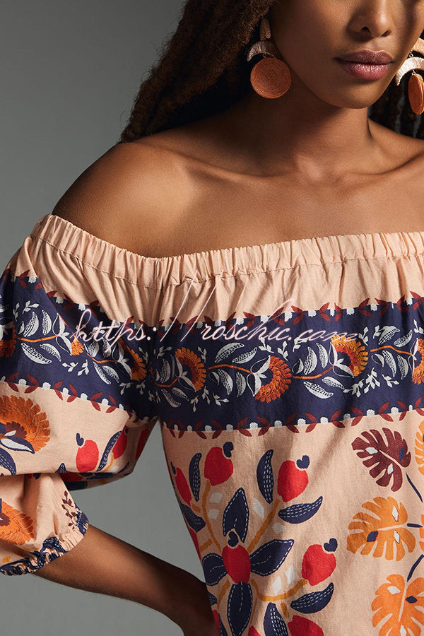 Island Print Off-Shoulder Flowy Midi Dress