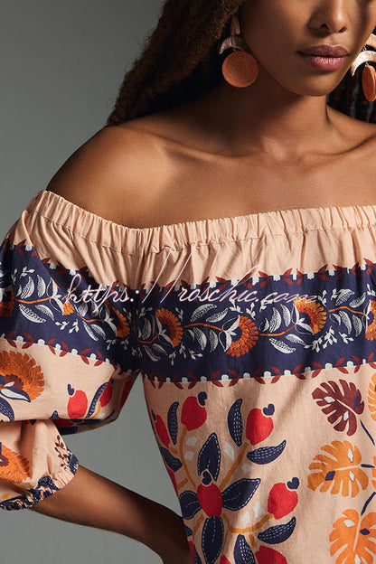 Island Print Off-Shoulder Flowy Midi Dress