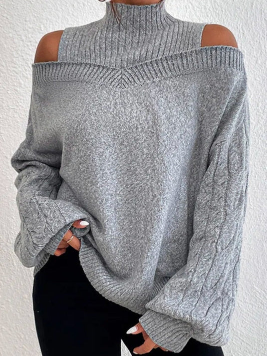 High-Neck Off-Shoulder Cable-Knit Oversized Sweater