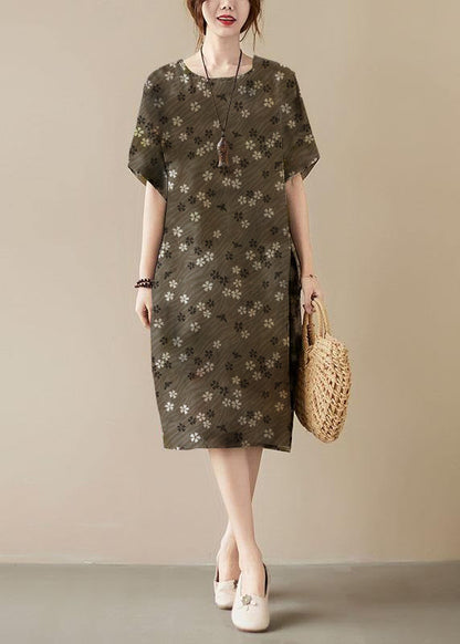 Edle Khaki Print O-Ausschnitt Taschen Sommer Maxikleider Halbarm