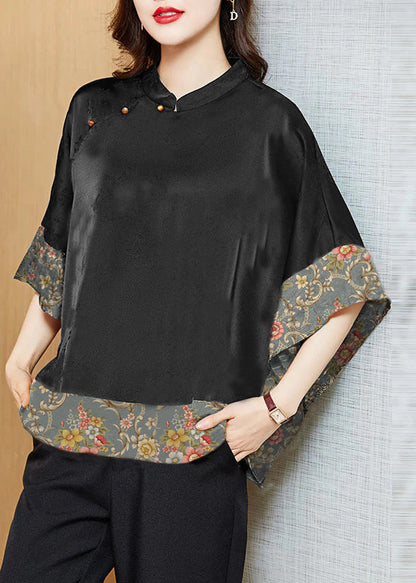 Vintage Black Mandarin Collar Asymmetrical Patchwork Jacquard Silk Shirts Batwing Sleeve