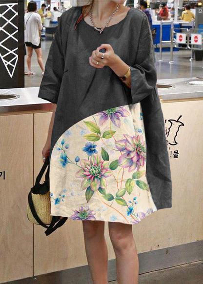 Stil rosa Baumwolle Leinen Outfit O Hals Cinched A Linie Sommerkleider