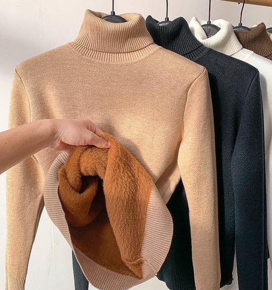 Basic Solid Color High-Neck Fleece-Lined Thermal Knit Base Layer