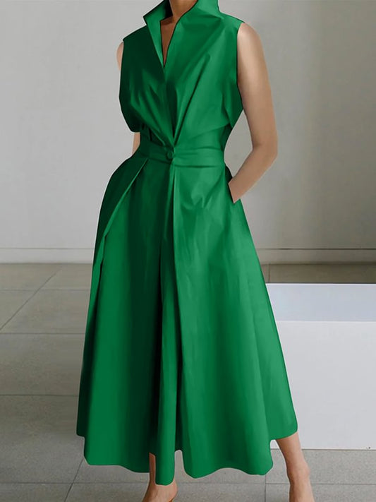 2024 Dunkelgrünes Baumwollkleid mit Peter-Pan-Kragen und Taschen, ärmellos