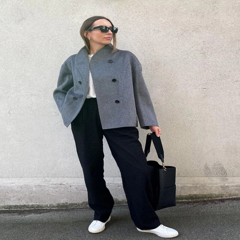 Stand-collar double-breasted loose-fit cropped casual jacket