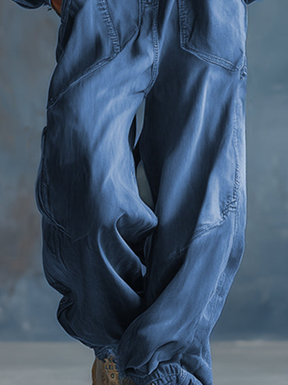 Casual Loose-fit Hooded Blue Denim Button-front Long-sleeved Jumpsuit