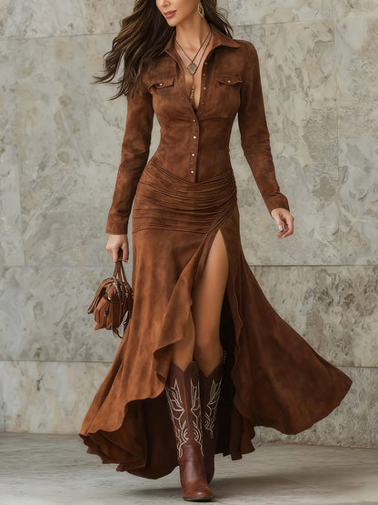 Retro Brown Irregular Ruffle Lapel Long Dress
