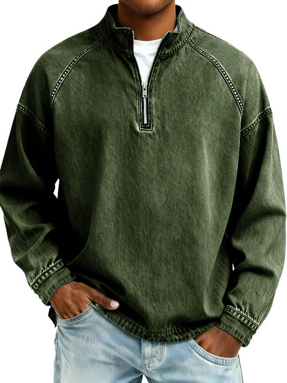 Men's Retro Denim Fashion Distressed Raglan Sleeve Stand Collar Long Sleeve Top