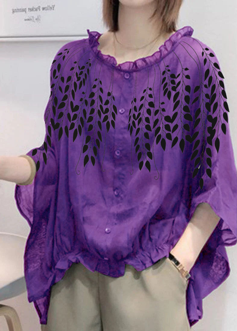 Art Purple butterfly Tops Ruffles Trim Half Sleeve Shirts Blouse Plus Size