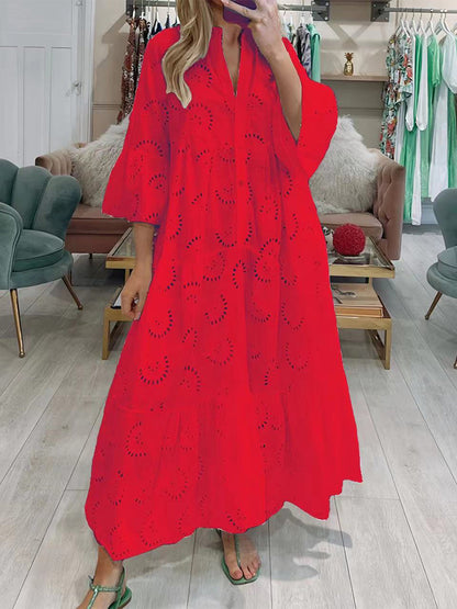 Lace Hollow V-Neck Trumpet Sleeve Dress