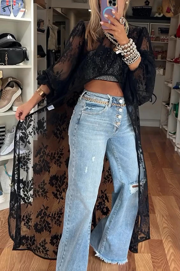 Lace Pattern Mock Neck Balloon Sleeve High Low Maxi Top