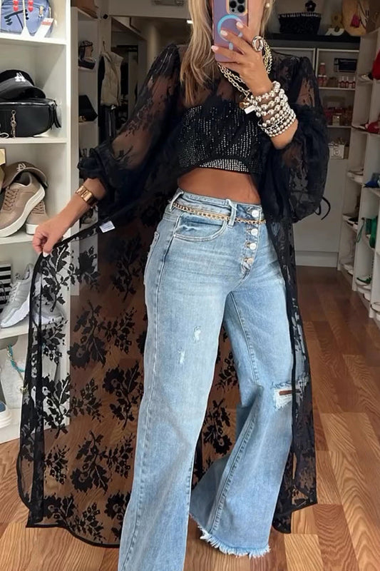 Lace Pattern Mock Neck Balloon Sleeve High Low Maxi Top