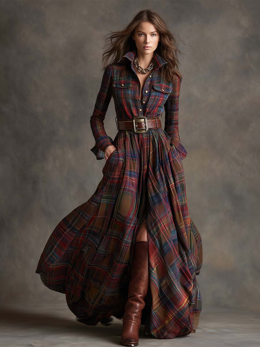 Retro Ethnic Style Lapel Reddish Brown Plaid Maxi Dress