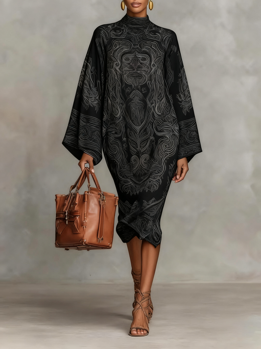 Women's Paisley Print Crew Neck Flared Long Sleeve Loose Medium Dress