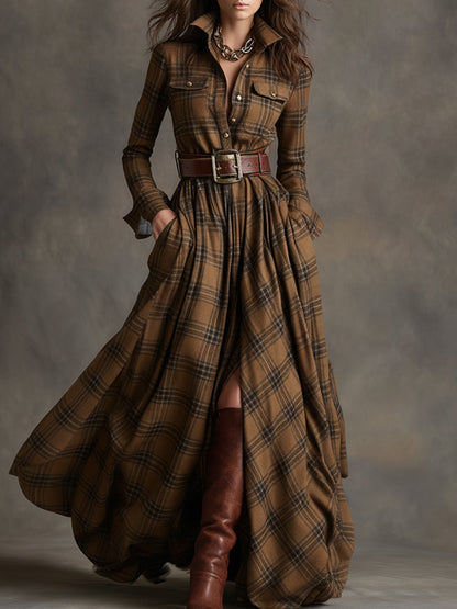 Retro Ethnic Style Lapel Reddish Brown Plaid Maxi Dress