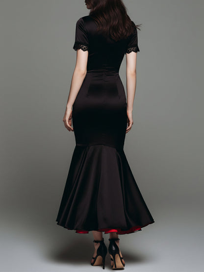 Elegant Satin Red Lined Fishtail Maxi Dress With Lace Trim