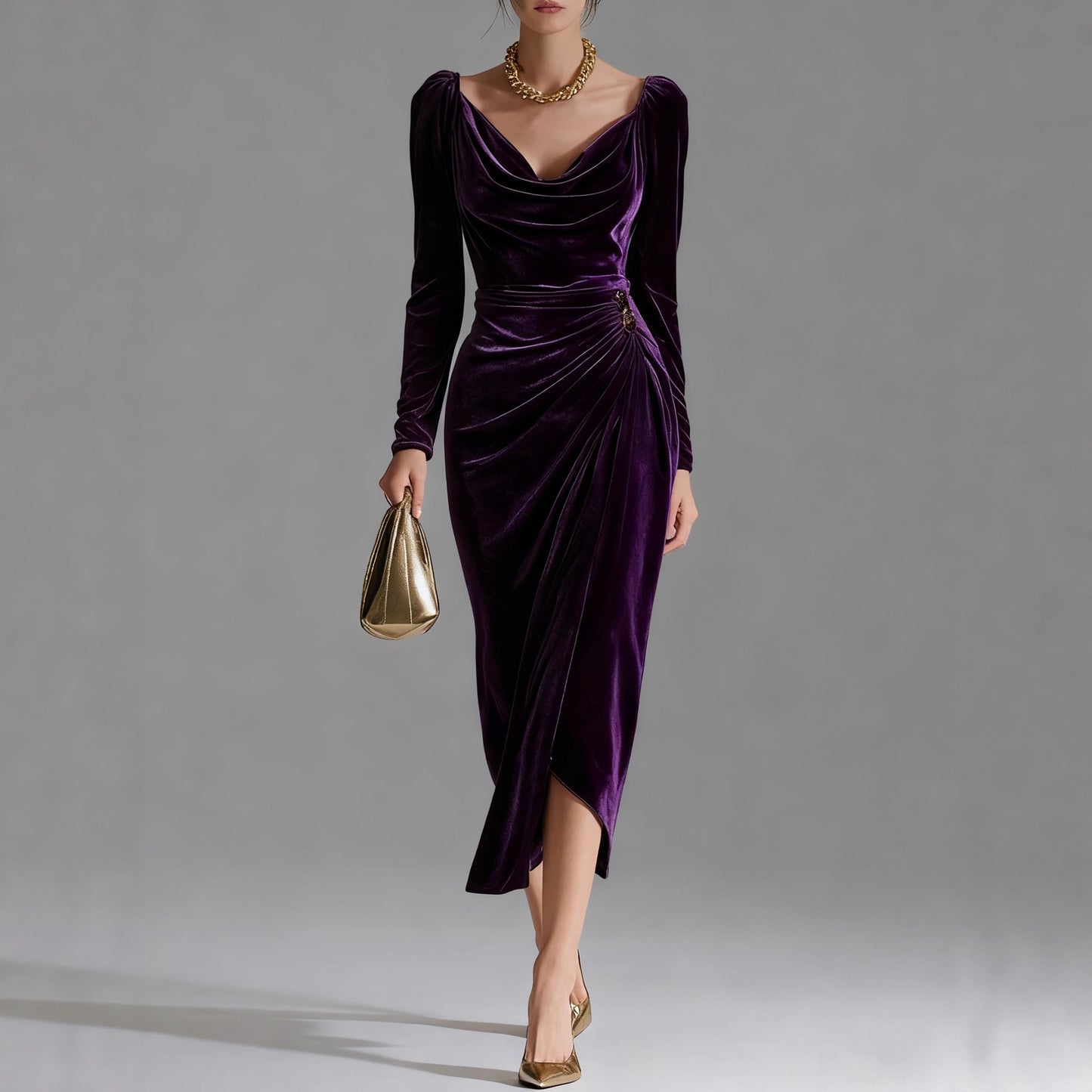 Elegant Pile Collar Velvet Midi Dress