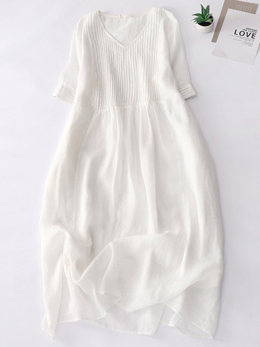 Accordion Pleated Linen Midi Dress