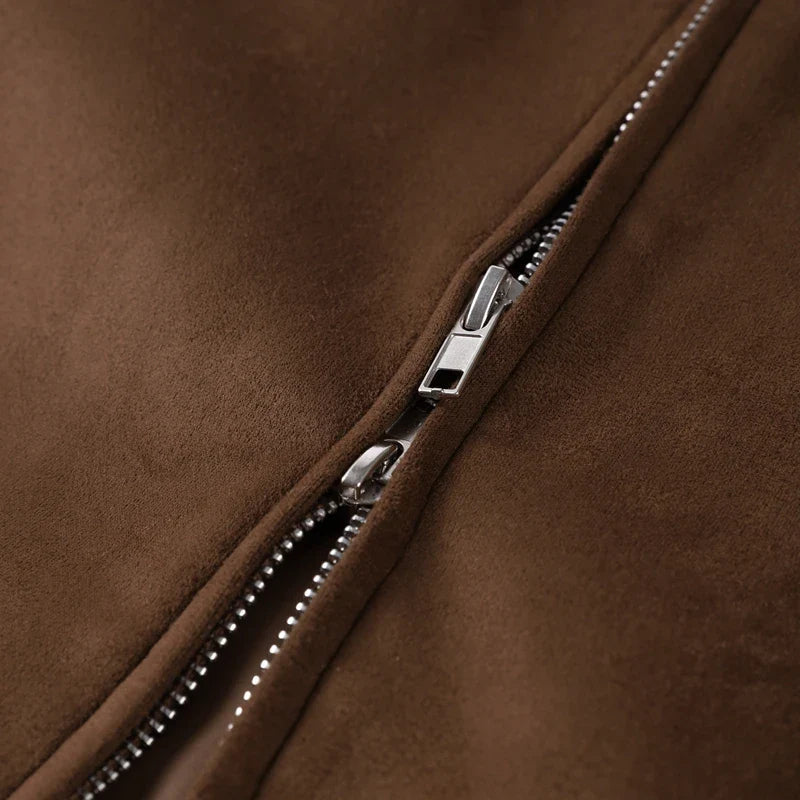 Camel Suede Stand Collar Zipper Short Casual Jacket