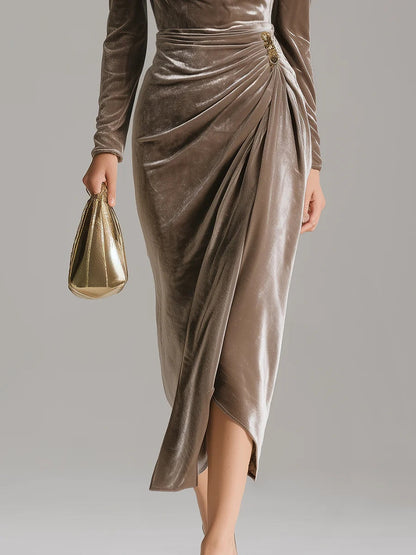 Elegant Pile Collar Velvet Midi Dress