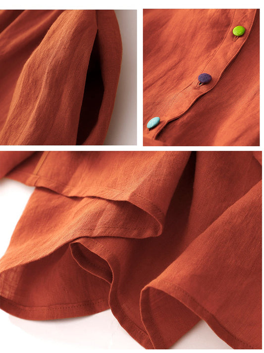 Shirt Collar Cotton Linen Pocket Dress