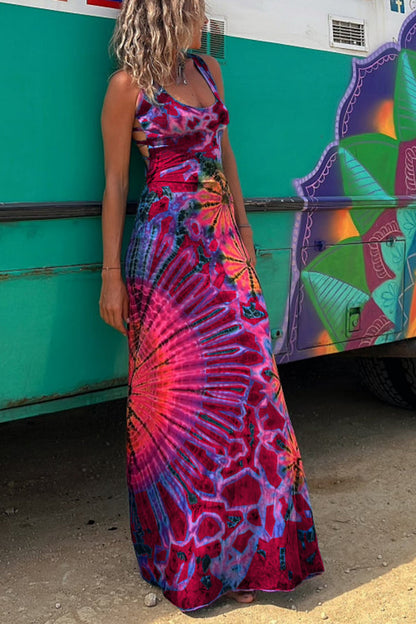 Tie-Dye Lace-Up Stretch Maxi Dress