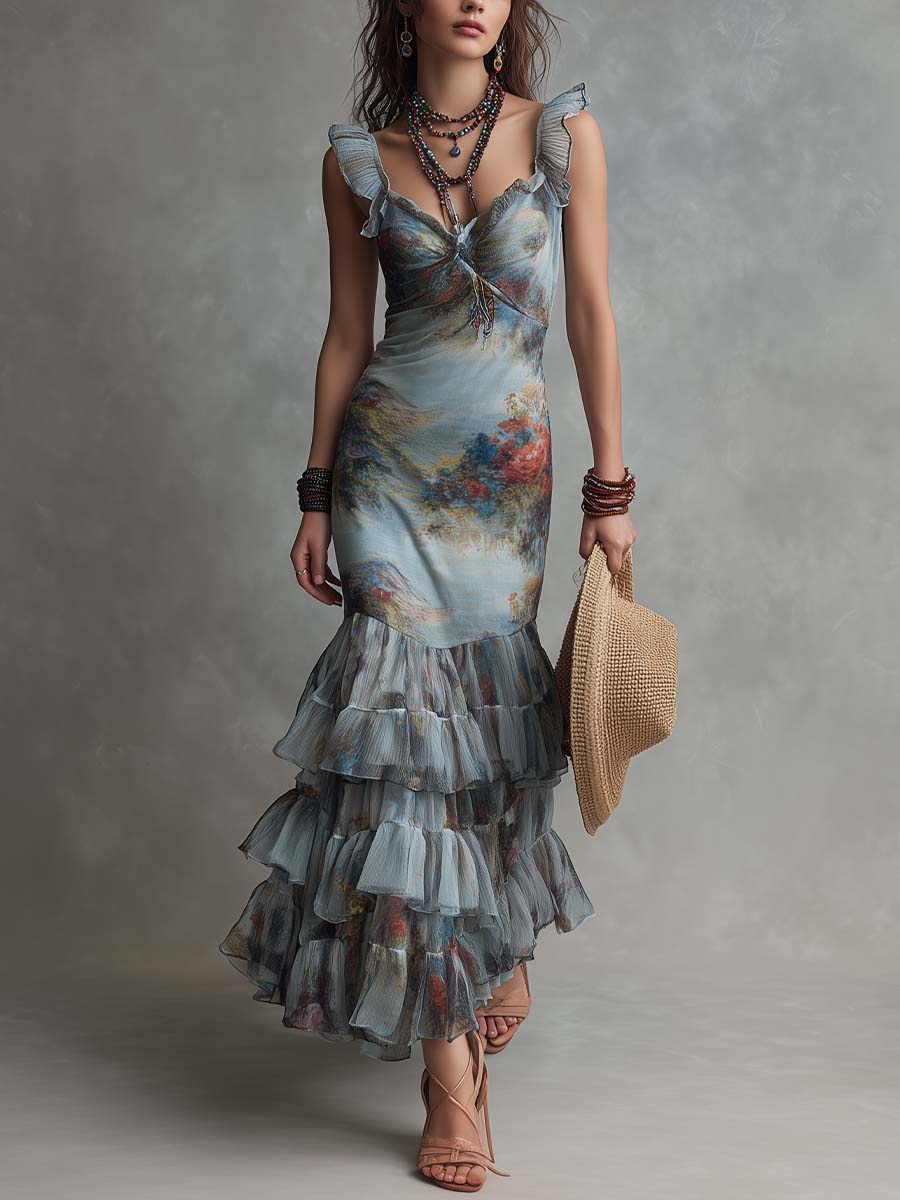 Boho-Vintage Elegant Painterly Floral Chiffon Ruffle Maxi Dress