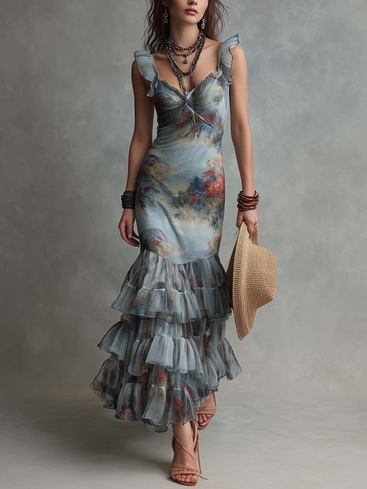 Boho-Vintage Elegant Painterly Floral Chiffon Ruffle Maxi Dress