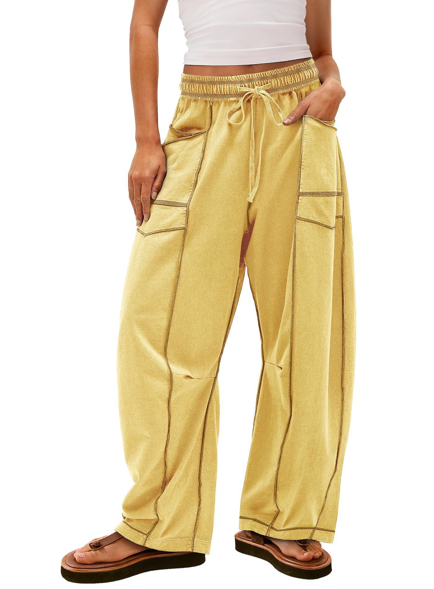 Womens Baggy Barrel Pants Wide Leg Lounge Drawstring Sweatpants with Pockets