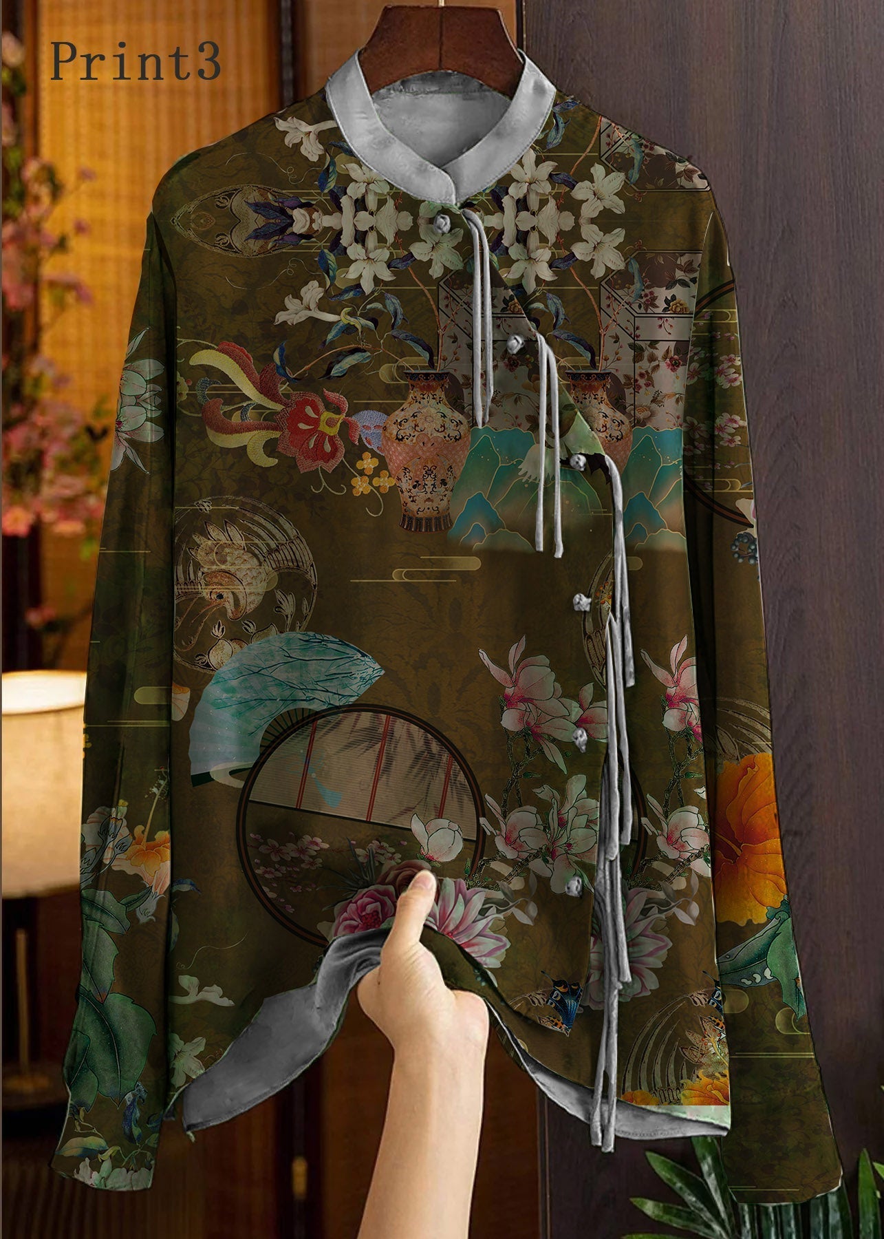 Beautiful  Yellow Text Mandarin Collar Button Print Silk Shirt Top Spring