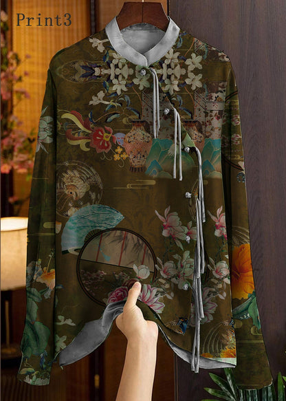 Beautiful  Yellow Text Mandarin Collar Button Print Silk Shirt Top Spring