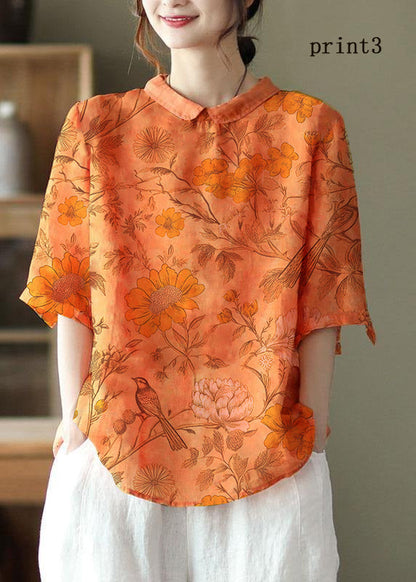 DIY Orange Print4 Ramie Halbarm Shirt Sommer
