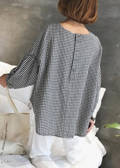 Französische karierte Baumwolle Damen Feines Nähen Asymmetrische Plus Size Kleidung Bluse
