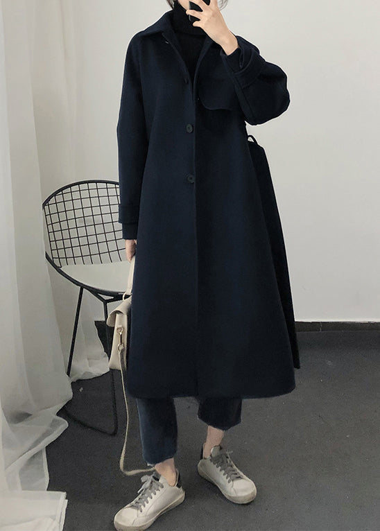 Modischer, locker sitzender Trenchcoat für den Frühling, Marineblau, Wollmantel mit Taillenbund