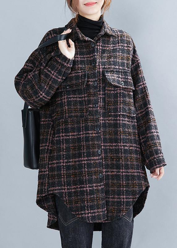 Art Lapel Pockets Fashion Coats Women Blouses Pink Plaid Daily Outwear - SooLinen