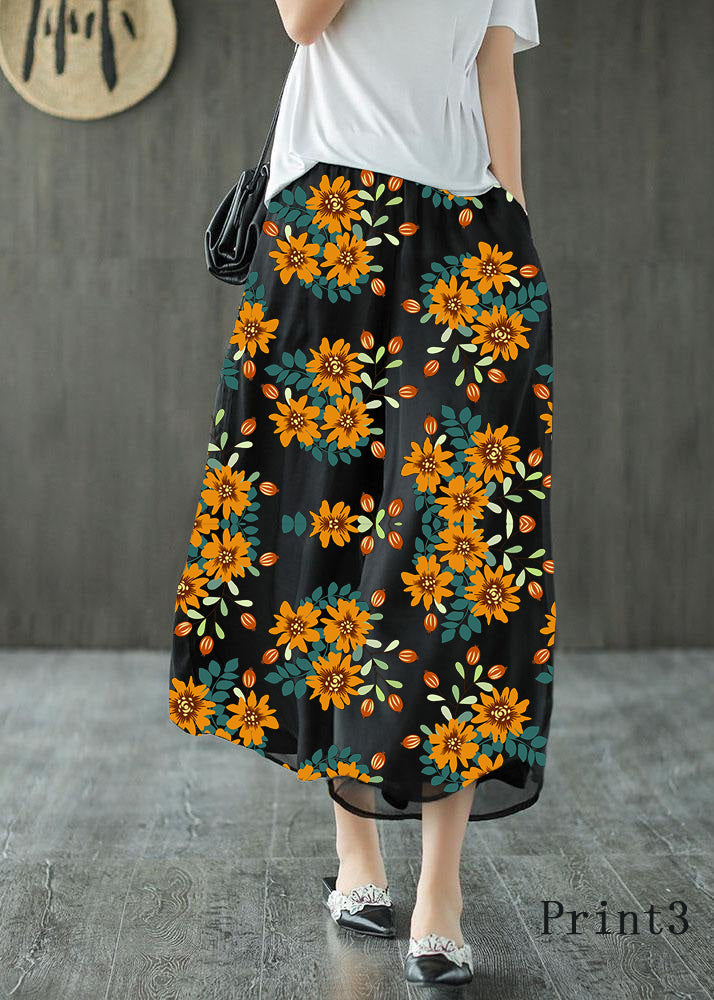 Handmade Black Elastic Waist Retro Wide Leg Crop Pants